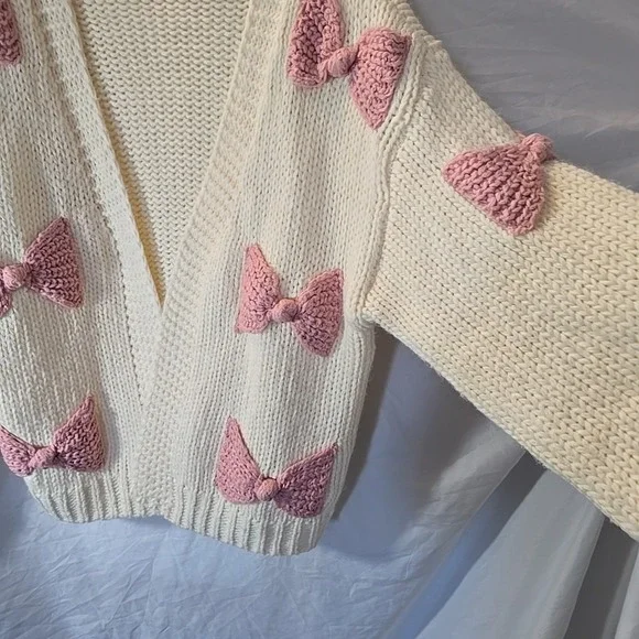 Arula Pink‎ 3D Bow Cream Open Cardigan Chunky-knit Boho Cottagecore Size X (XL) - Picture 5 of 13